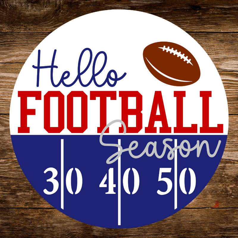 Circular sign with 'Hello Football Season' text and football graphic on a wooden background
