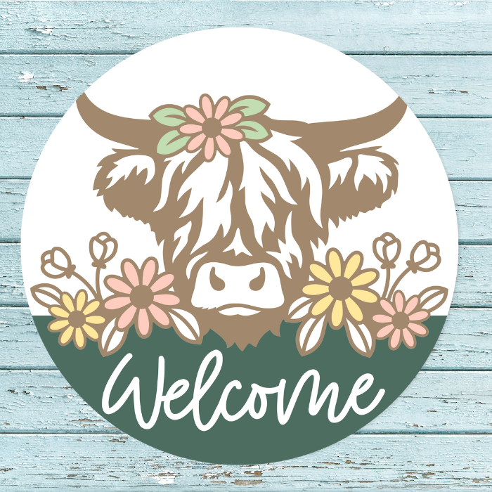 Round Sign - Floral Highland Cow -