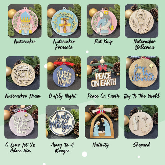 Collection of Christmas ornaments with various designs on a green background