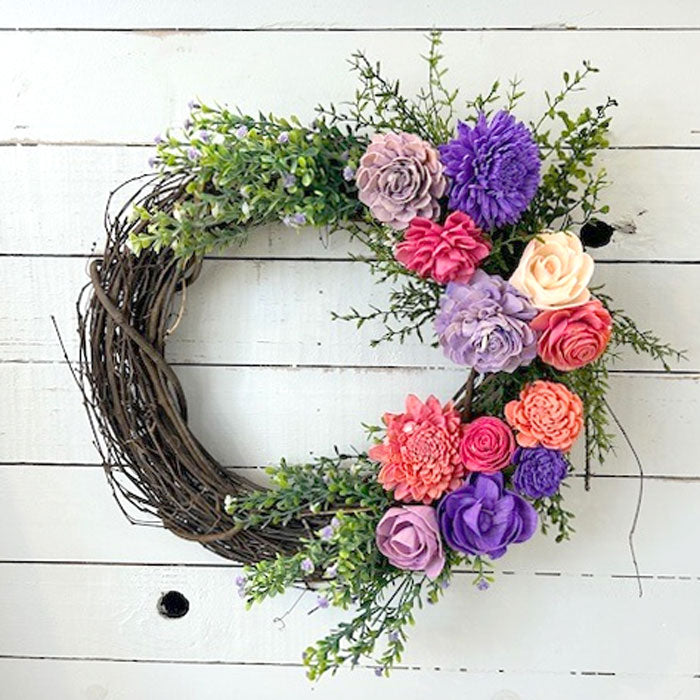 Sola Flower Grapevine Wreath against white shiplap