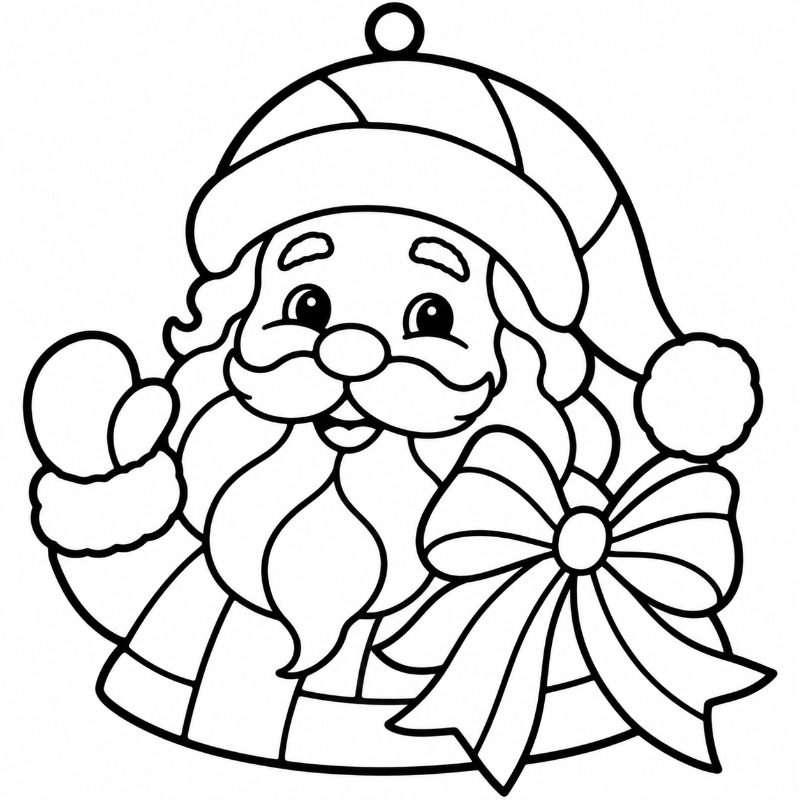 Black and white line art illustration of a smiling Santa Claus waving, shown on a plain white background.