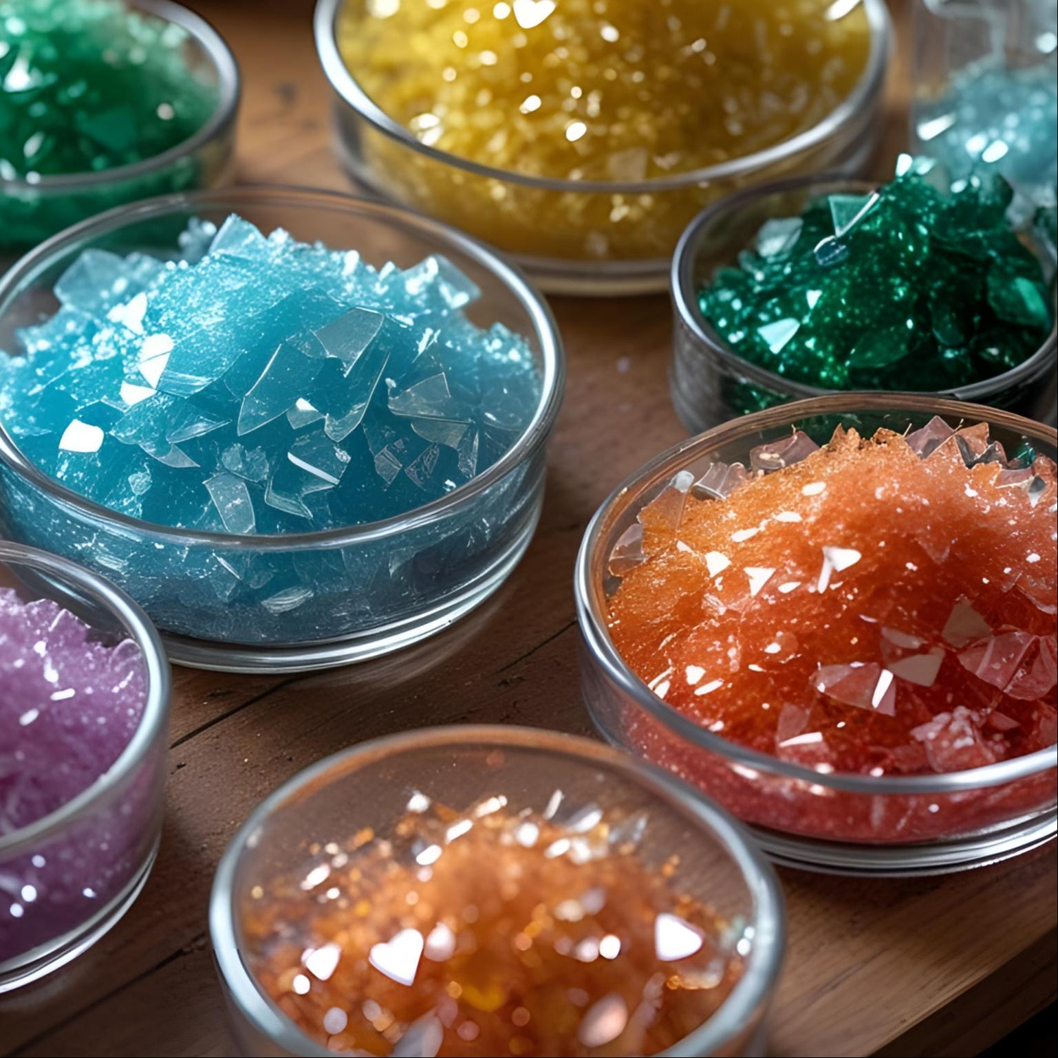 Assorted colored crushed glass in small glass bowls on a wooden surface