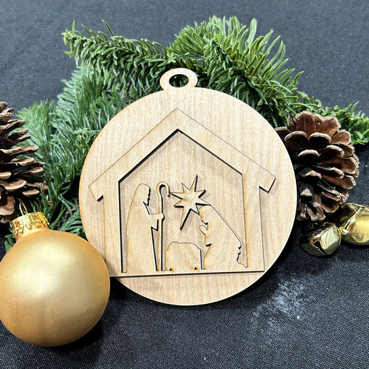 Wooden nativity scene ornament with Christmas decorations on a dark background