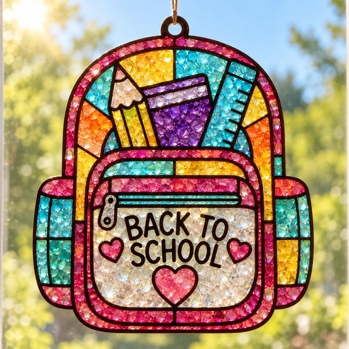 A colorful glittery stained-glass-style school backpack suncatcher with pencils, books, a ruler, and the words “BACK TO SCHOOL” in black, hanging against a blurred outdoor background of green foliage and blue sky.