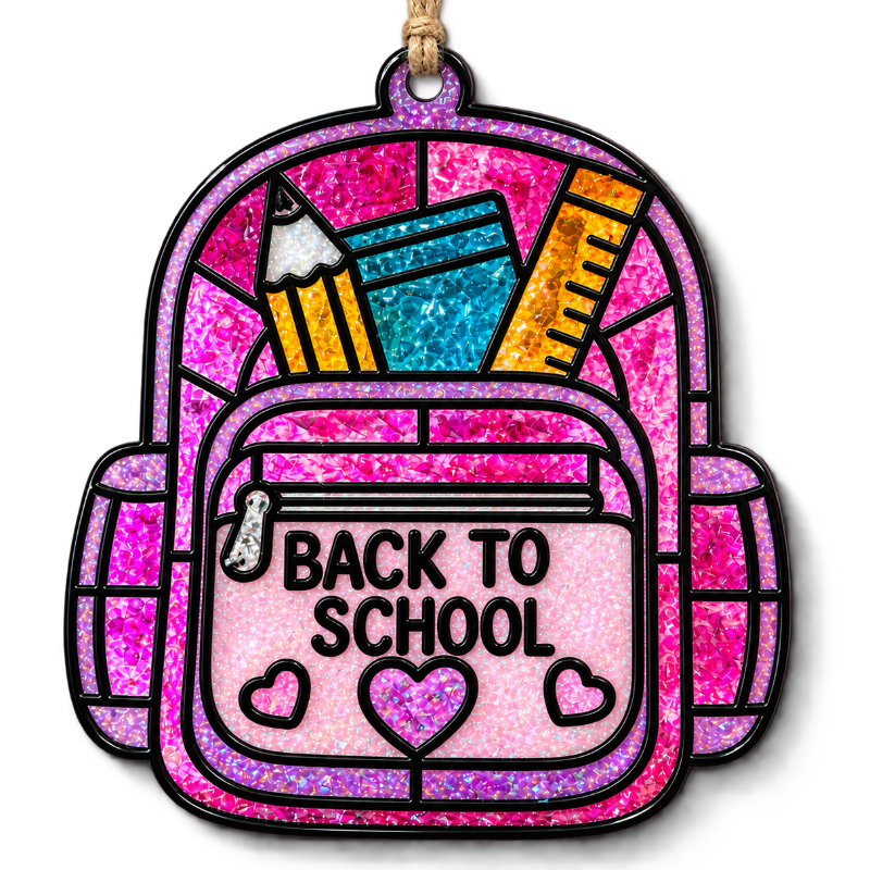 A decorative hanging suncatcher shaped like a pink glittery backpack with black outlines and school supplies peeking out, including a pencil, notebook, and ruler. The front pocket reads “BACK TO SCHOOL” with small heart details, suspended by a tan string on a white background.