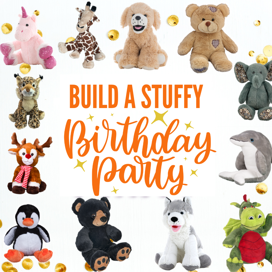Collection of various stuffed animals with text 'Build a Stuffy Birthday Party' on a white background.
