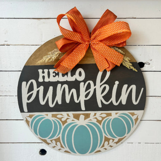 Hello Pumpkin Round Sign Blue