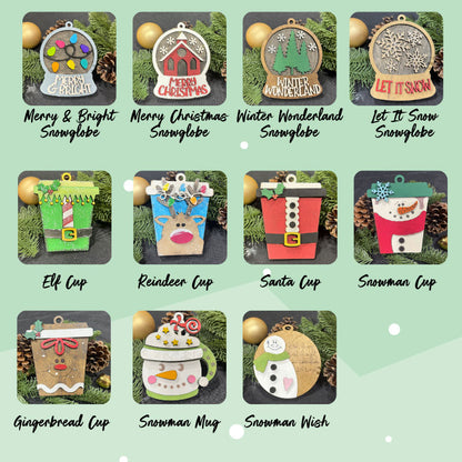 Collection of Christmas-themed ornaments on a green background