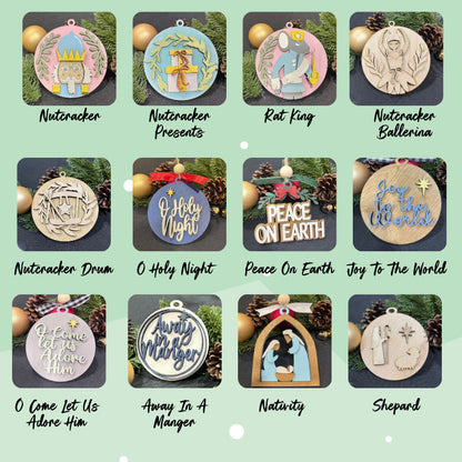 Collection of Christmas ornaments with various designs on a green background