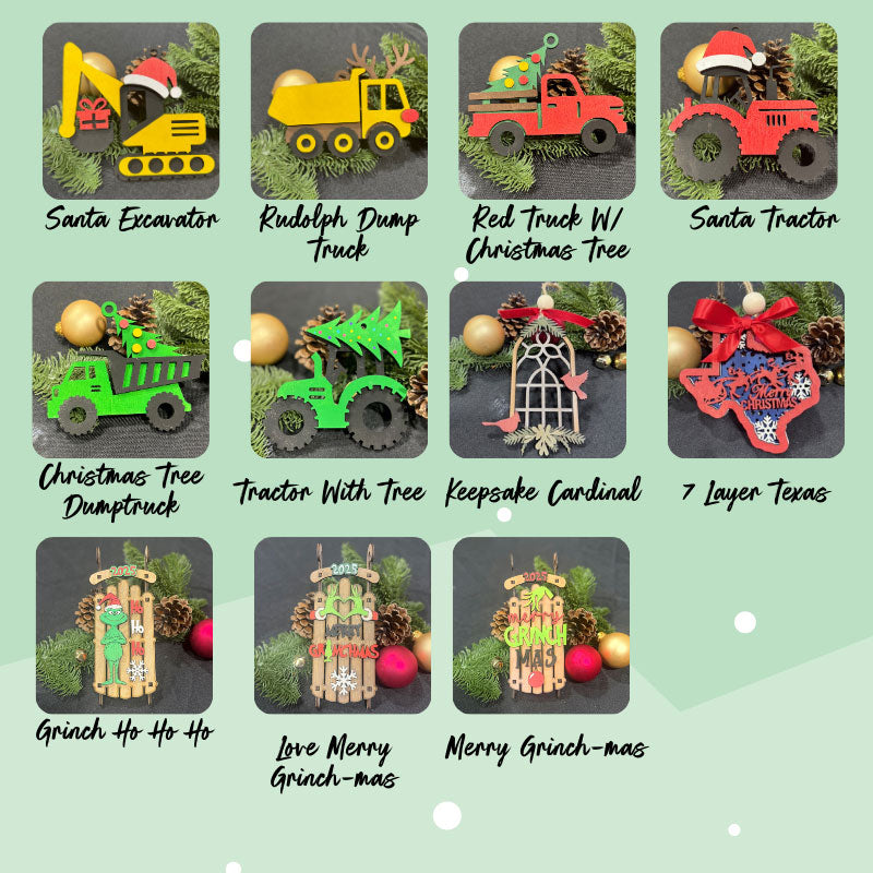 Collection of Christmas-themed ornaments with various designs on a light green background.