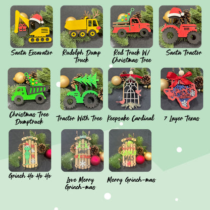 Collection of Christmas-themed ornaments with various designs on a light green background.