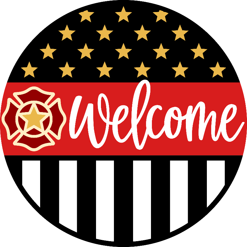 Round sign with American flag design, Maltese cross, and 'Welcome' text.
