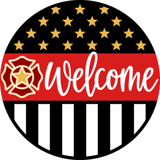 Round sign with American flag design, Maltese cross, and 'Welcome' text.