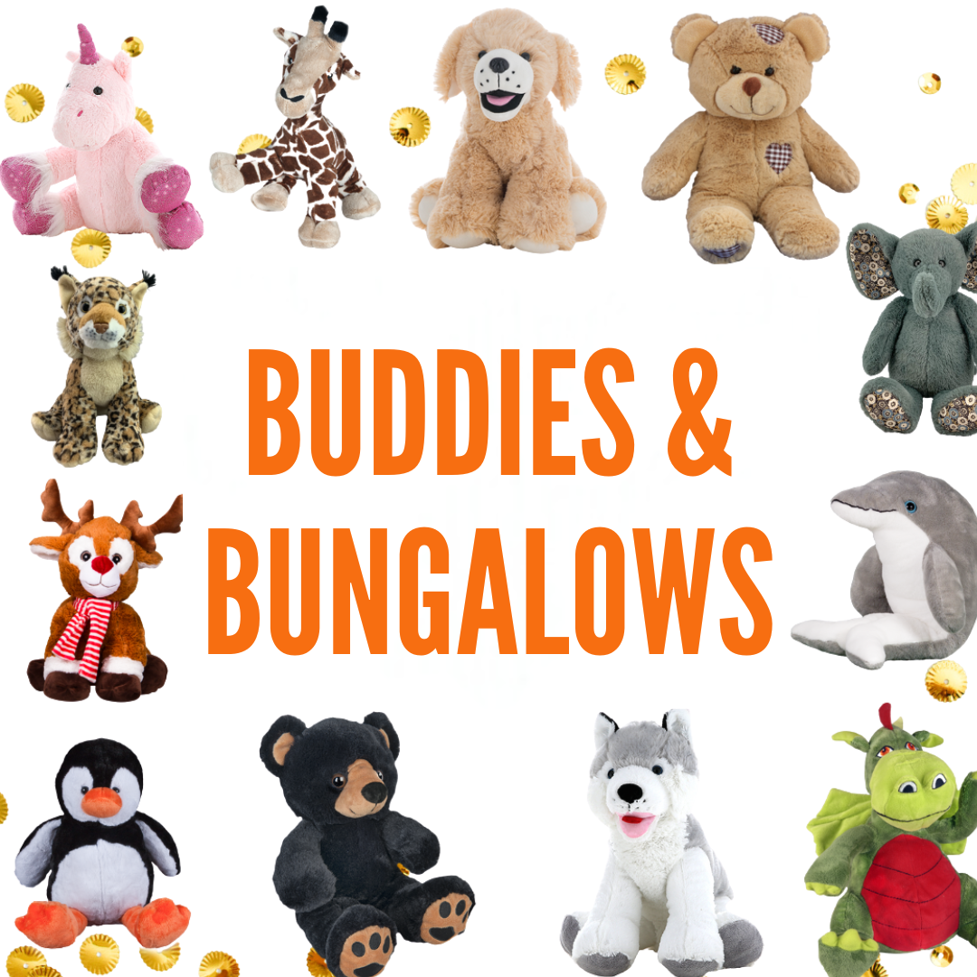Collection of stuffed animals with 'Buddies & Bungalows' text in the center.