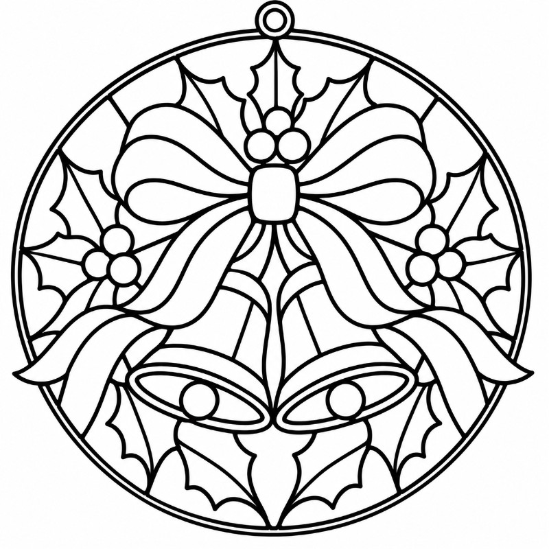 Black and white stained glass style Christmas suncatcher design featuring two bells, a large bow, holly leaves, and berries inside a circular frame.