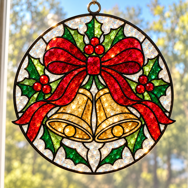 A circular stained glass Christmas suncatcher hanging in a window, featuring two gold bells, a large red bow, green holly leaves, and red berries, with a blurred outdoor background visible through the glass.