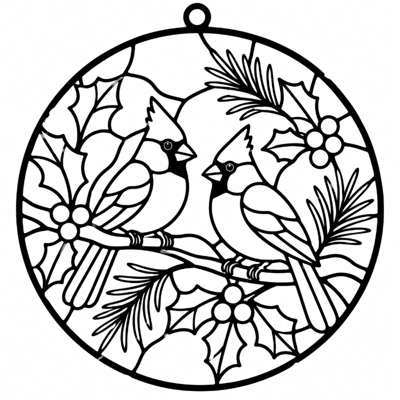 Black and white stained glass style suncatcher design featuring two cardinals perched among holly leaves and pine branches, with a hanging loop at the top.