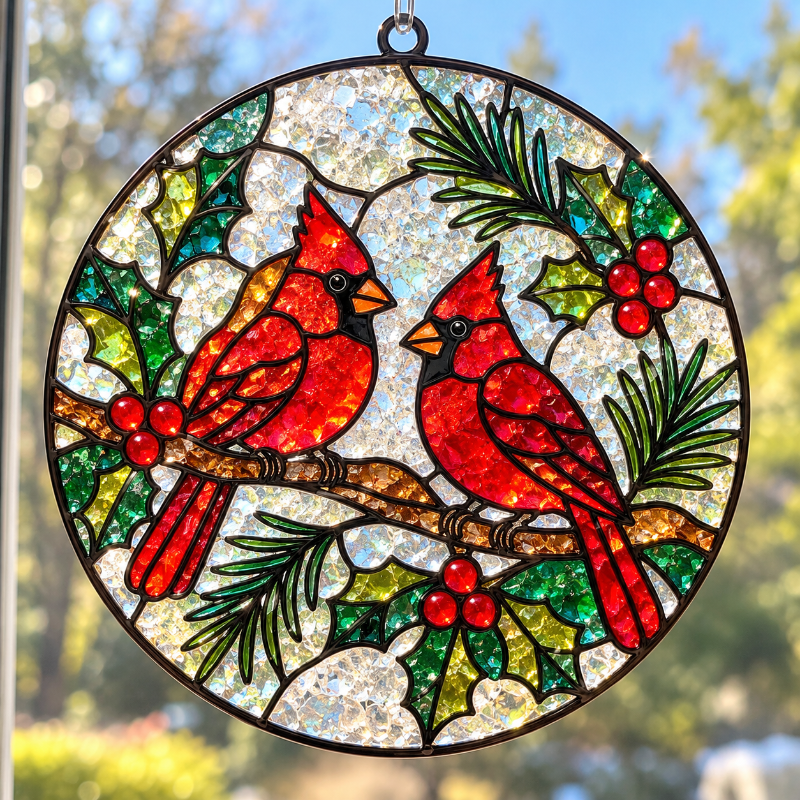 A circular stained glass suncatcher featuring two red cardinals perched on a branch with green holly leaves and red berries, set against a textured clear glass background. The suncatcher is shown hanging in front of a blurred outdoor window background.