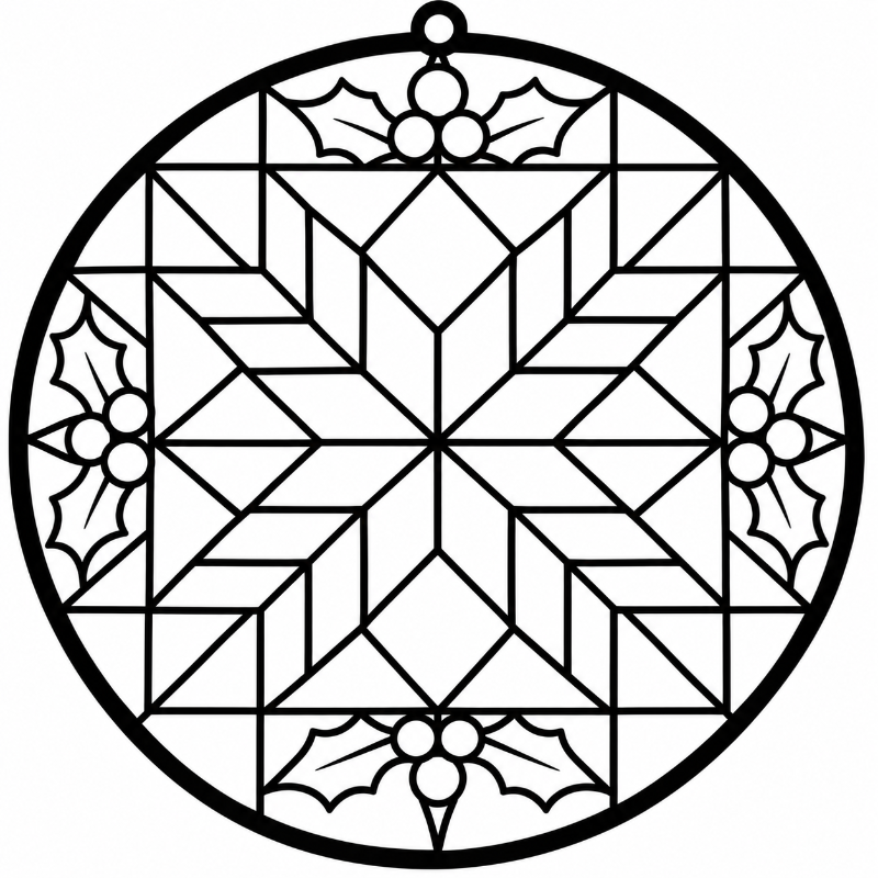 Black and white stained glass style suncatcher design with a circular geometric pattern, central snowflake-like motif, holly leaves, and a hanging loop at the top.