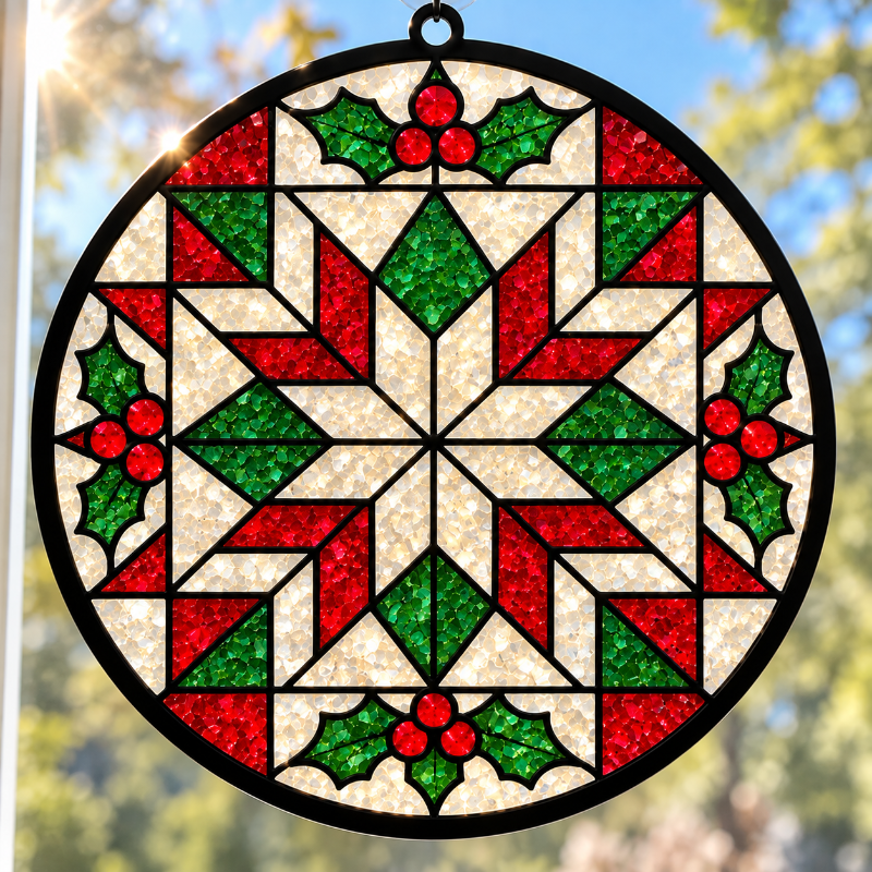 A circular stained glass suncatcher featuring a festive Christmas design with a central snowflake motif, red and green geometric sections, holly leaves, and red berries, suspended by a black cord against a blurred outdoor background.