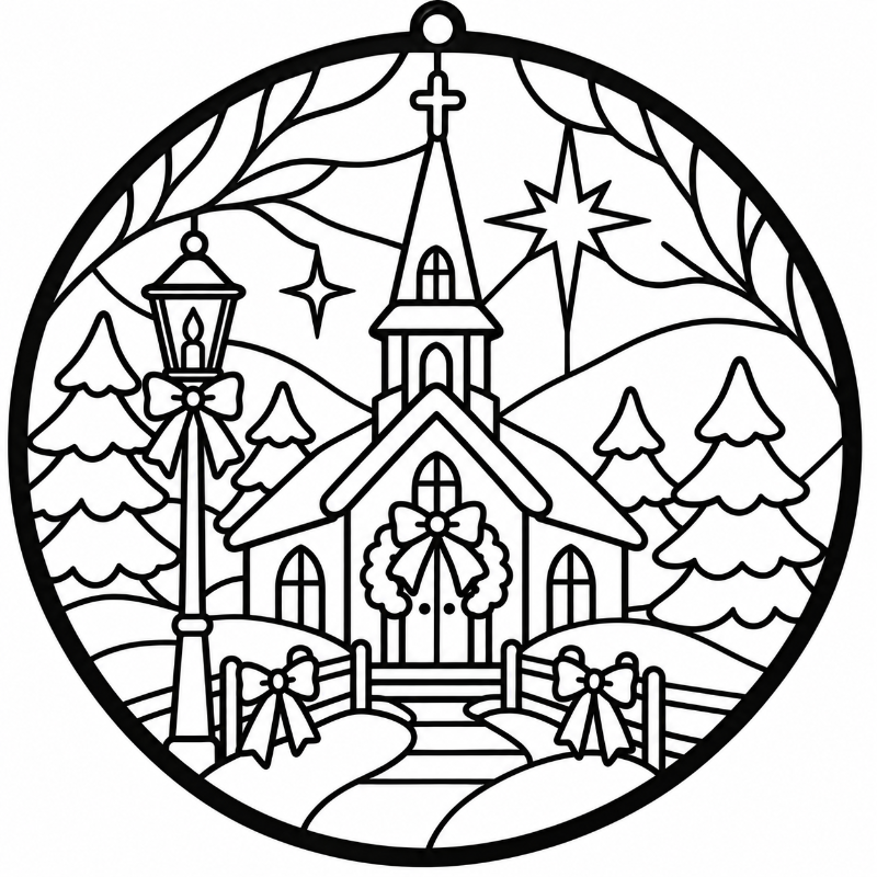 Black and white line art illustration of a Christmas village scene inside a circular suncatcher shape, featuring a church with a steeple, evergreen trees, a lit streetlamp, stars, and bows.