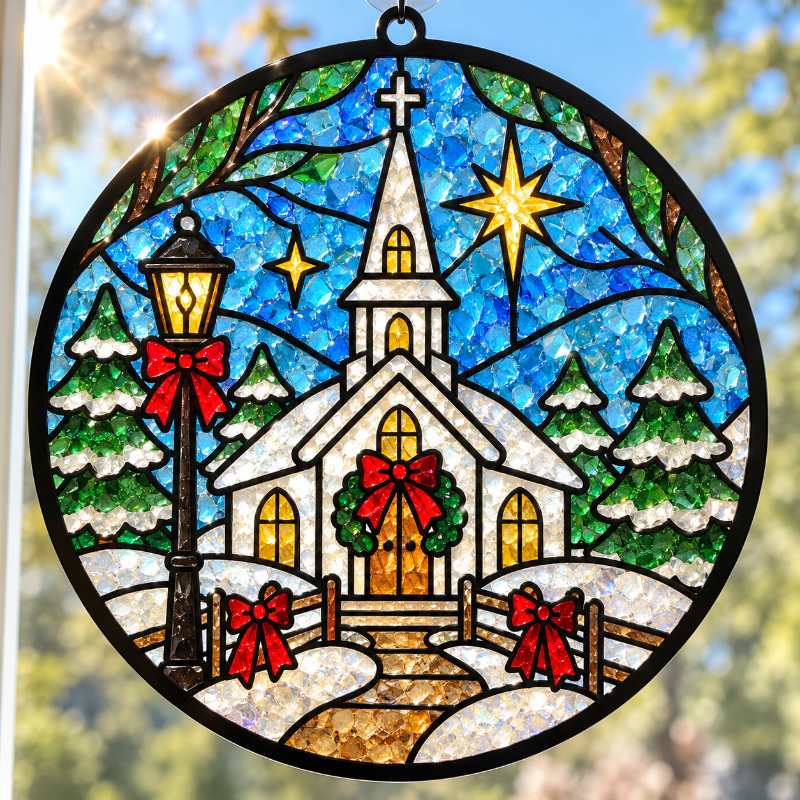Round stained glass style suncatcher featuring a snowy winter church scene with a lit streetlamp, evergreen trees, red bows, and glowing stars against a blue sky.