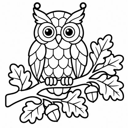 Black and white line art illustration of a suncatcher featuring an owl perched on an oak branch with leaves and acorns, suitable for coloring or print design.