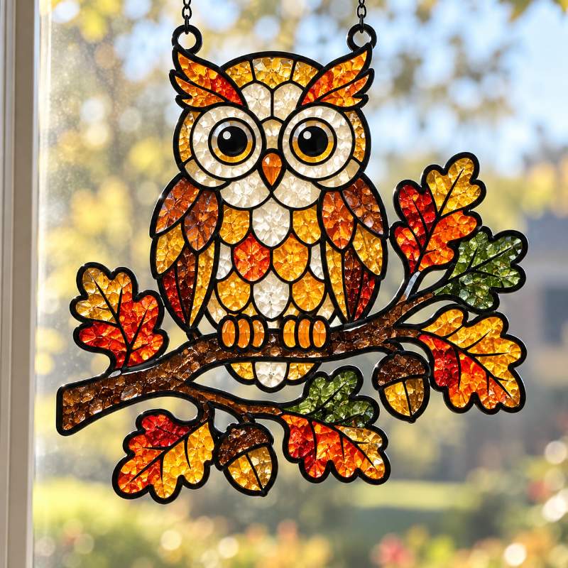 Stained glass hanging suncatcher shaped like an owl perched on an oak branch, with autumn leaves and acorns, suspended in front of a window.