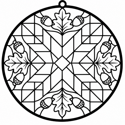 Black and white circular stained glass suncatcher design featuring a geometric center with oak leaves and acorns around the border.