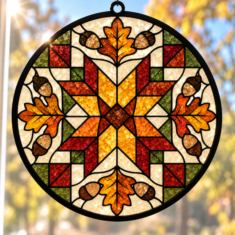 A circular stained-glass-style suncatcher with an autumn star and leaf design, hanging against a blurred outdoor background of yellow foliage and blue sky.