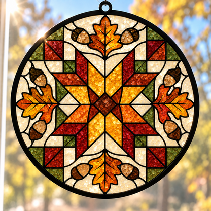 A circular stained-glass-style suncatcher with an autumn star and leaf design, hanging against a blurred outdoor background of yellow foliage and blue sky.
