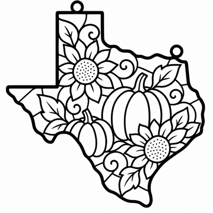 Black and white line art illustration of a suncatcher featuring the state of Texas filled with autumn motifs including pumpkins, sunflowers, leaves, and decorative swirls.