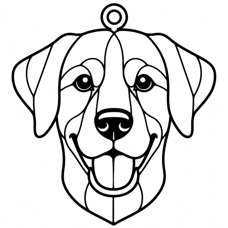 Black and white line art illustration of a suncatcher of a dog's face, likely a stencil or decal design, featuring a hanging loop at the top.