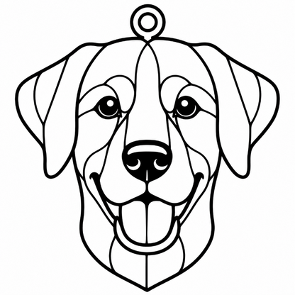 Black and white line art illustration of a suncatcher of a dog's face, likely a stencil or decal design, featuring a hanging loop at the top.