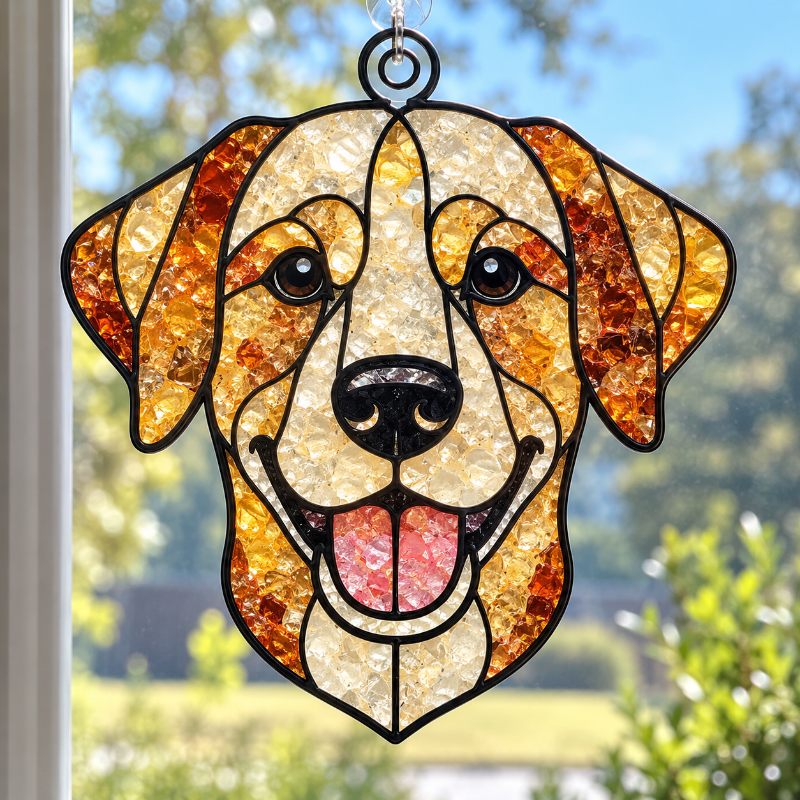 A stained glass suncatcher shaped like a dog's face, featuring cream, amber, and orange textured glass panels outlined in black metal, hanging in front of a window with a blurred outdoor background.