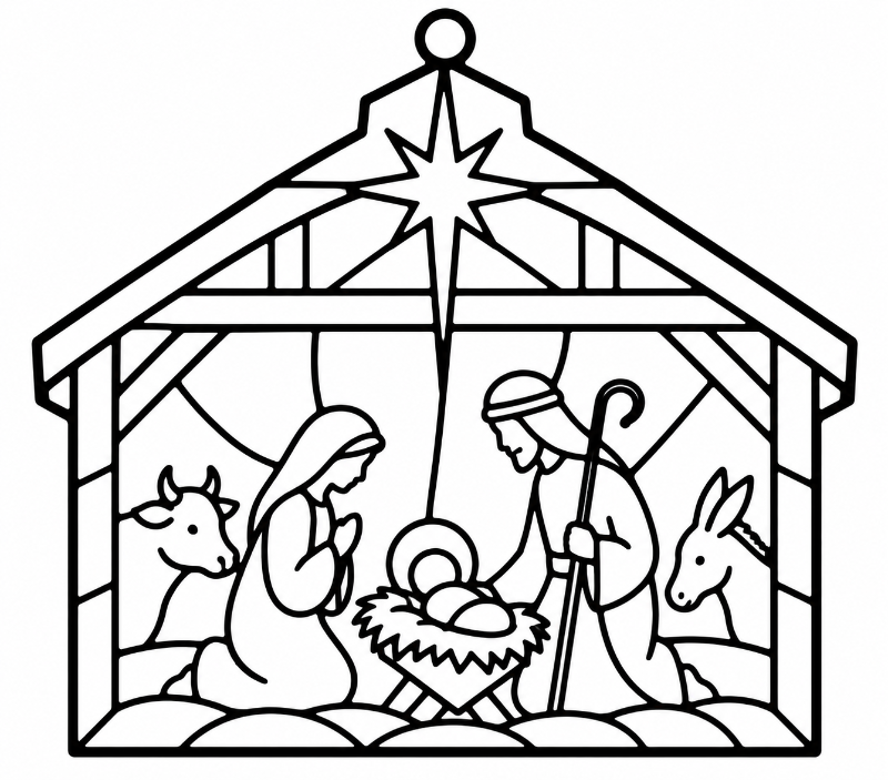 Suncatcher of a nativity scene, showing Mary, Joseph, baby Jesus in a manger, a cow, and a donkey, with an star above the stable.