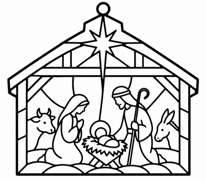 Suncatcher of a nativity scene, showing Mary, Joseph, baby Jesus in a manger, a cow, and a donkey, with an star above the stable.