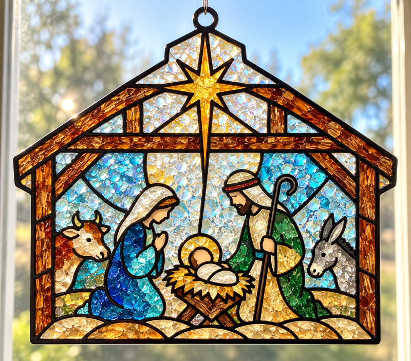 A stained glass nativity scene hanging suncatcher with a house-shaped frame, featuring Mary, Joseph, baby Jesus in a manger, a cow, a donkey, and a bright star, photographed against a softly blurred window background.