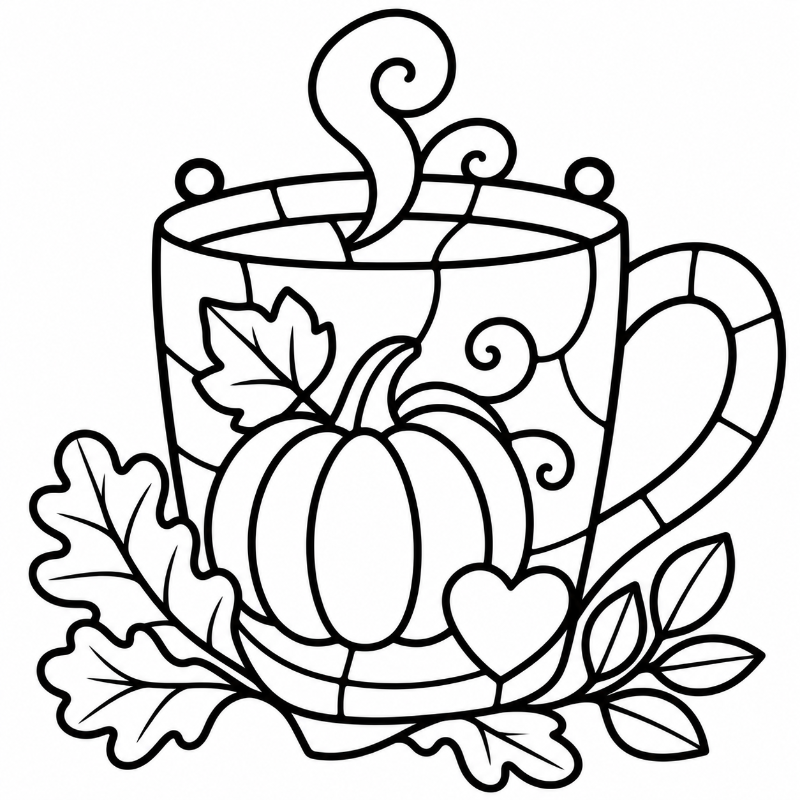 Black and white stained glass style suncatcher with a mug decorated with a pumpkin, autumn leaves, and a heart, with steam rising from the top.
