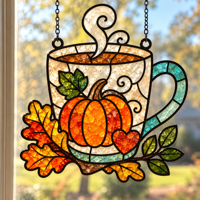 Stained glass hanging suncatcher featuring a large mug filled with coffee, decorated with an orange pumpkin, autumn leaves, and a small heart, suspended by chains in front of a window.