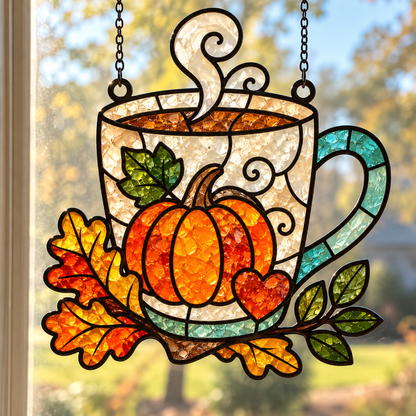 Stained glass hanging suncatcher featuring a large mug filled with coffee, decorated with an orange pumpkin, autumn leaves, and a small heart, suspended by chains in front of a window.