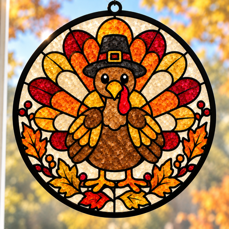 A circular stained-glass style turkey suncatcher hanging in front of a window. The design shows a brown turkey wearing a black hat with a gold buckle, surrounded by red, orange, and yellow feathers, autumn leaves, and small berries.