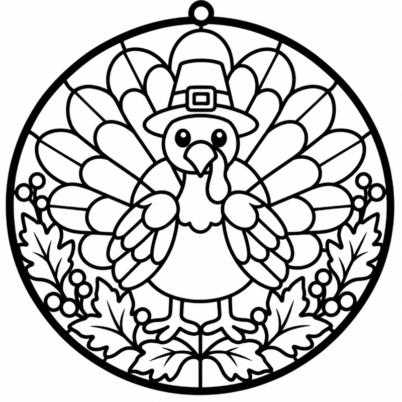 Black and white stained glass style turkey suncatcher design with a cartoon turkey wearing a pilgrim hat, surrounded by feathers, leaves, and berries inside a circular outline.