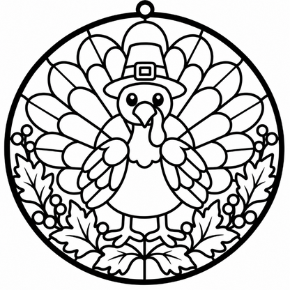 Black and white stained glass style turkey suncatcher design with a cartoon turkey wearing a pilgrim hat, surrounded by feathers, leaves, and berries inside a circular outline.