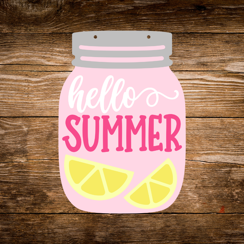 Pink mason jar sign with 'hello summer' text and lemon slices on a wooden background