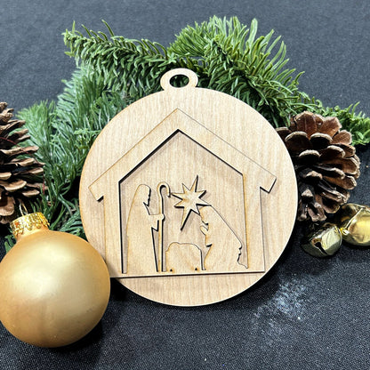 Wooden nativity scene ornament with Christmas decorations on a dark background